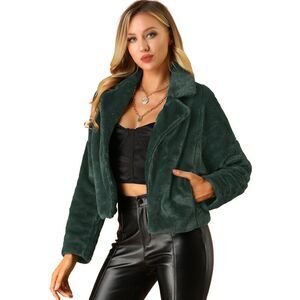 Cropped Jacket Notch Lapel Faux Fur Fluffy Coat Dark Green